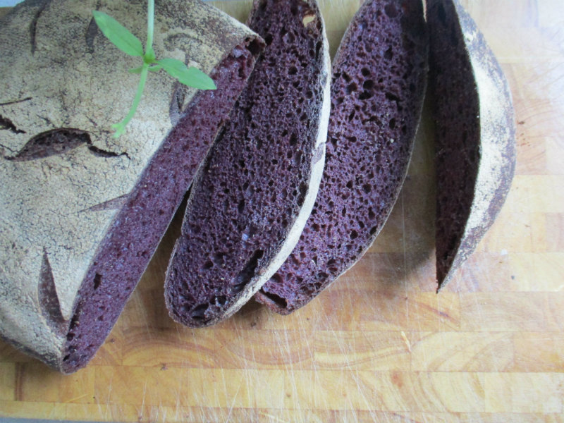 A round loaf of sourdough bread made with purple cornflour