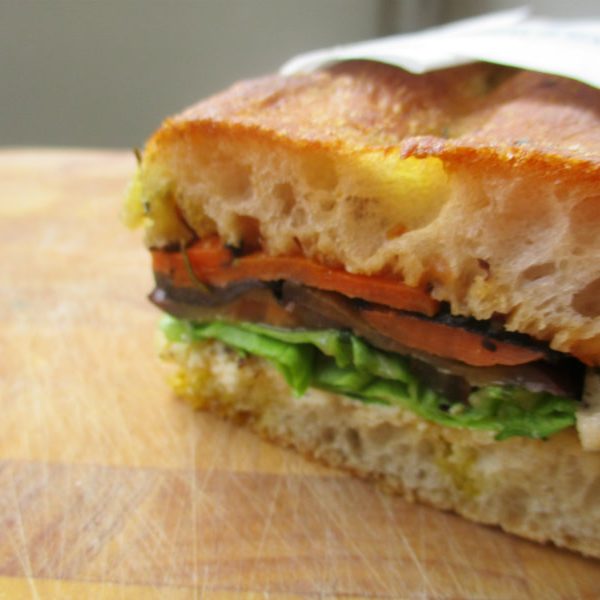 A vegetarian sandwich in Italian focaccia bread